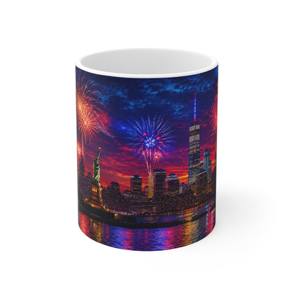 New York City Fireworks Skyline Ceramic Mug — Statue of Liberty 4th of July Coffee Cup (11oz & 15oz)