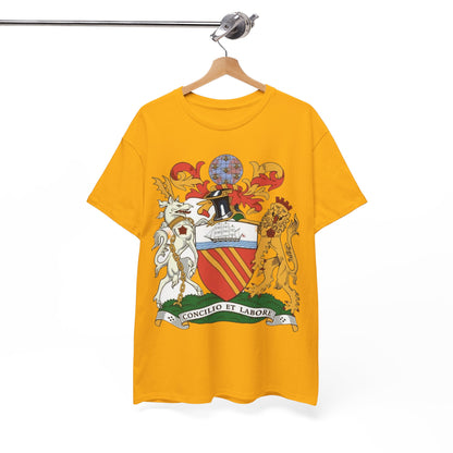Manchester Coat of Arms Crest T‑Shirt — Heraldic Family Shield Tee with 'Concilio et Labore' Banner