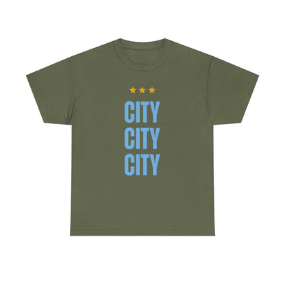 Manchester City City City Tee — Minimal Skyline Graphic T‑Shirt with Three Stars
