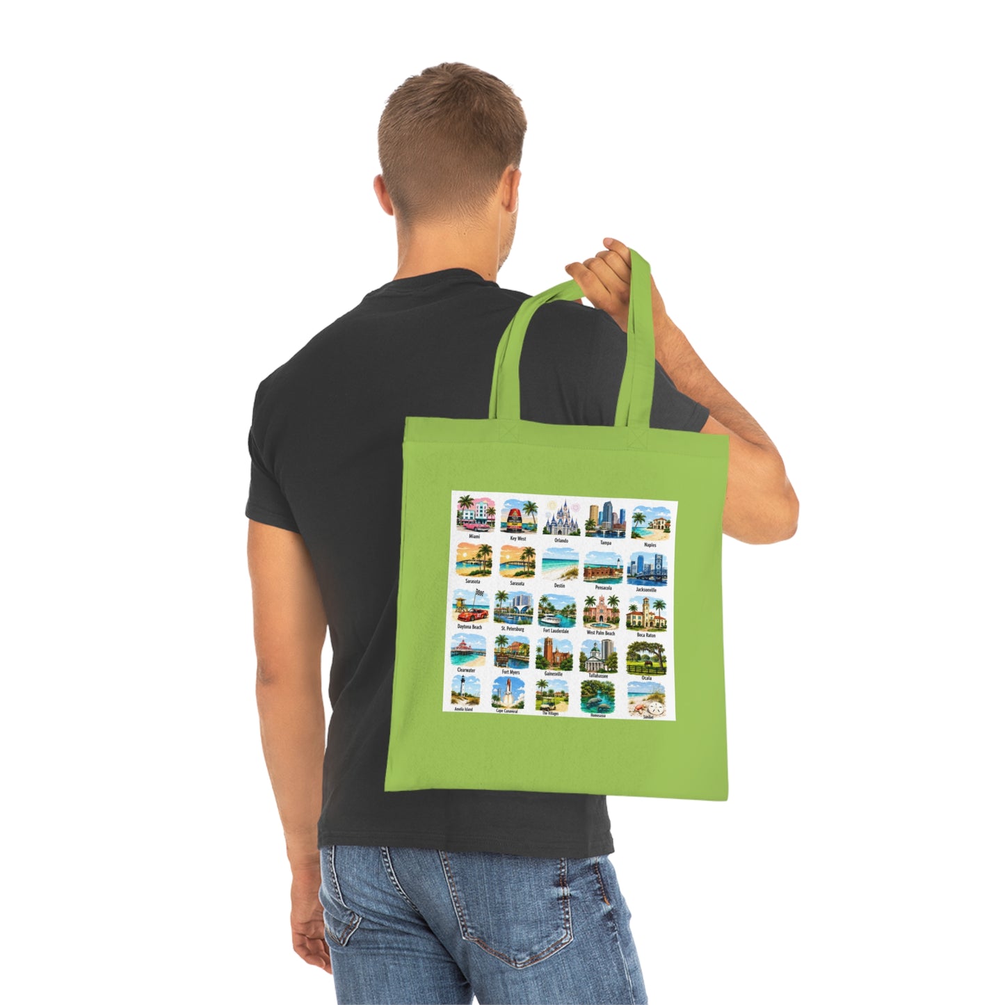 Florida City Landmarks Collage Cotton Tote – Vintage Travel Postcard Design