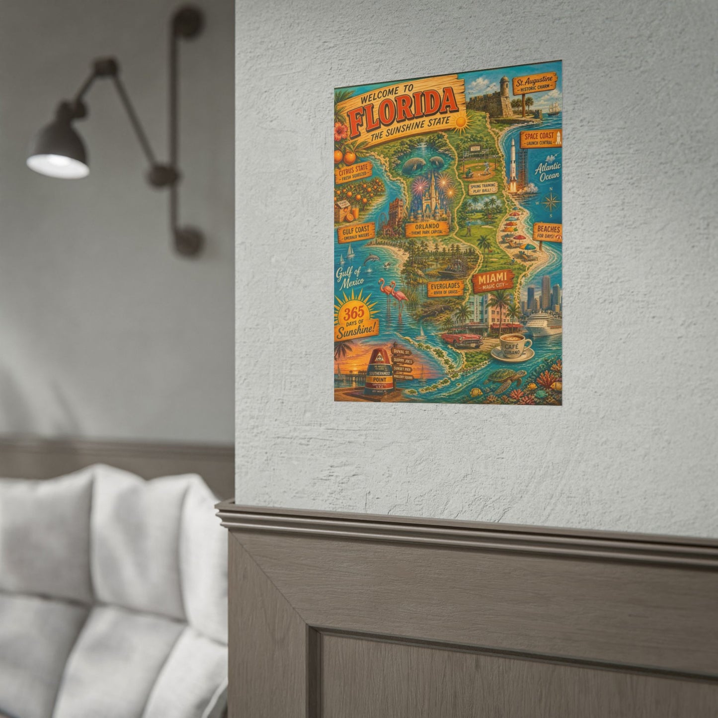 Florida Vintage Travel Poster - Rolled Poster (Welcome to Florida Map & Landmarks)