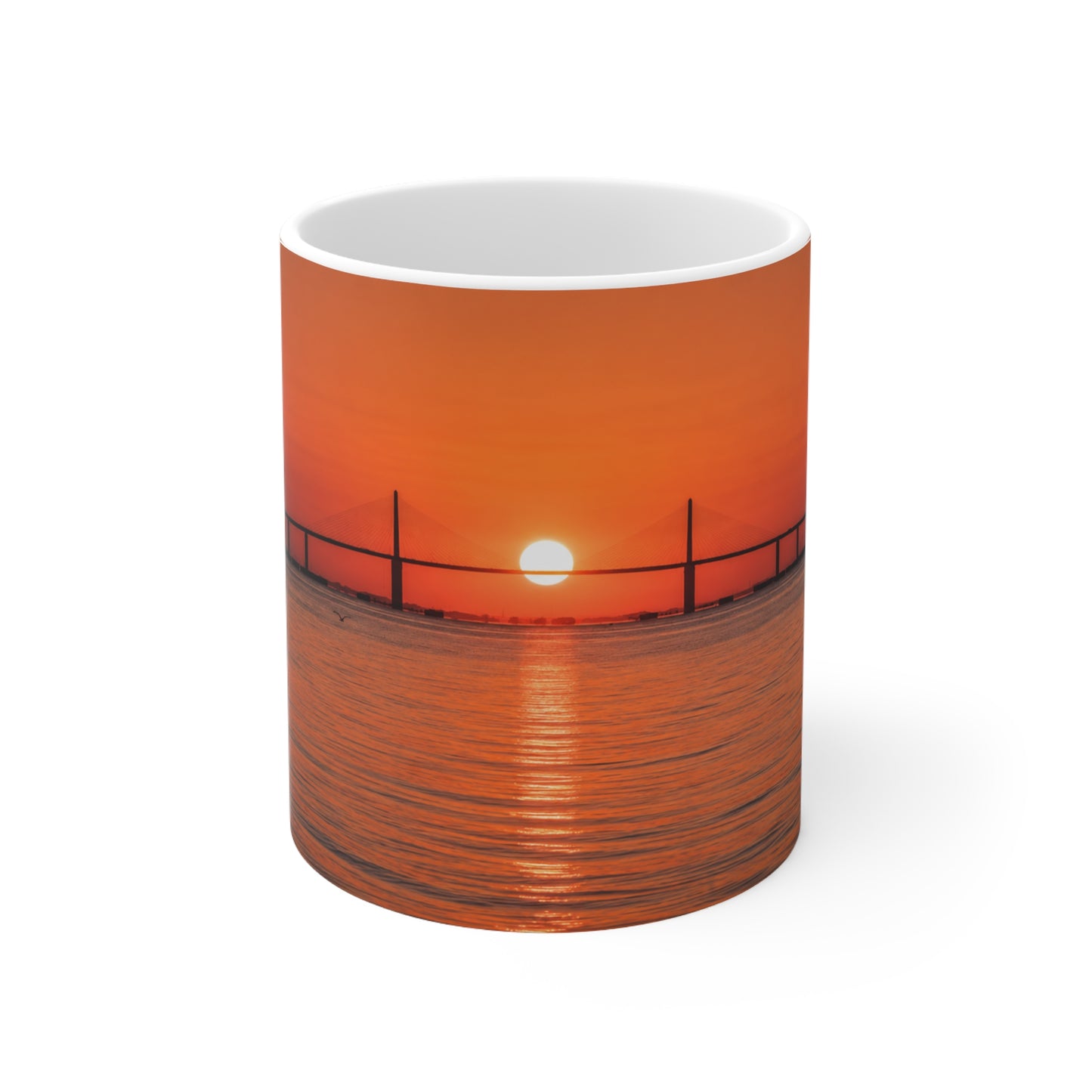 Skyway Sunset Bridge Ceramic Coffee Mug — Orange Seascape 11oz & 15oz