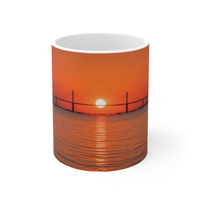 Skyway Sunset Bridge Ceramic Coffee Mug — Orange Seascape 11oz & 15oz