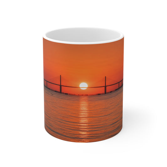 Skyway Sunset Bridge Ceramic Coffee Mug — Orange Seascape 11oz & 15oz