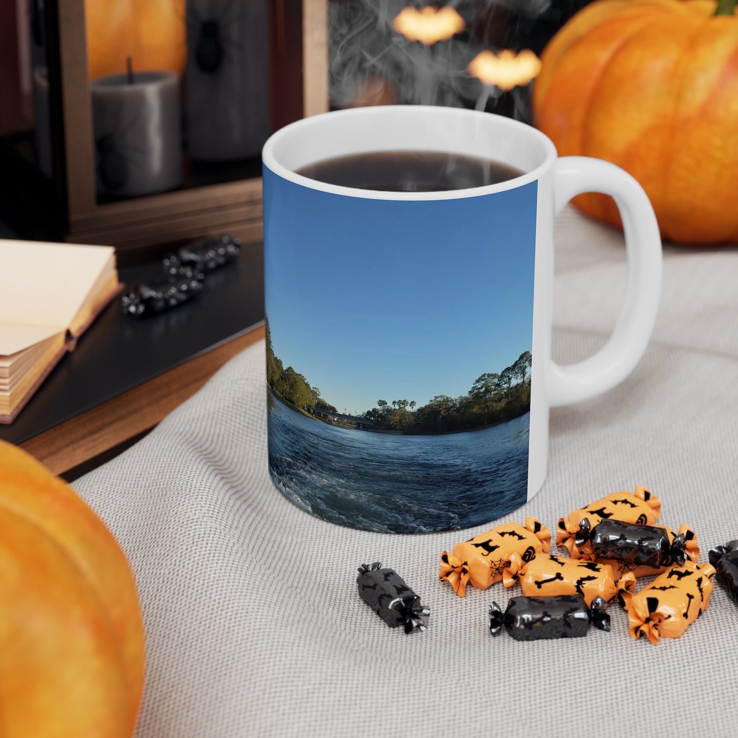 American Flag Waterfront Photo Ceramic Mug — Patriotic 11oz & 15oz Coffee Cup