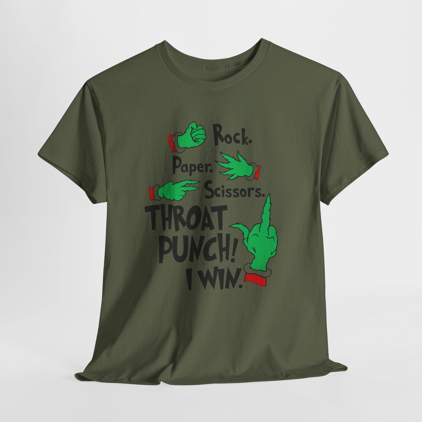 Funny Holiday Tee — "Rock. Paper. Scissors. Throat Punch! I Win" Graphic T-Shirt