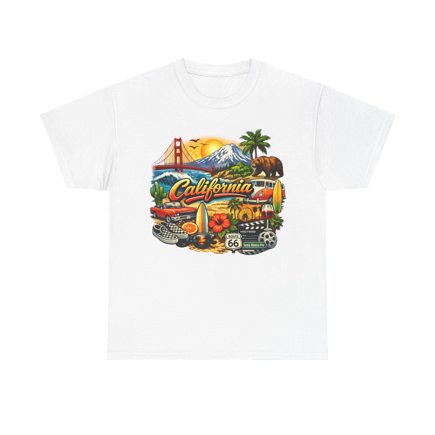 California Vintage Travel T-Shirt — Golden Gate, Palm Trees & Route 66 Tee