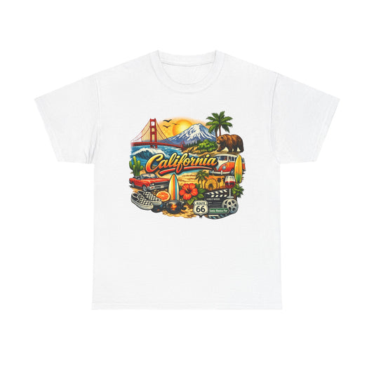 California Vintage Travel T-Shirt — Golden Gate, Palm Trees & Route 66 Tee