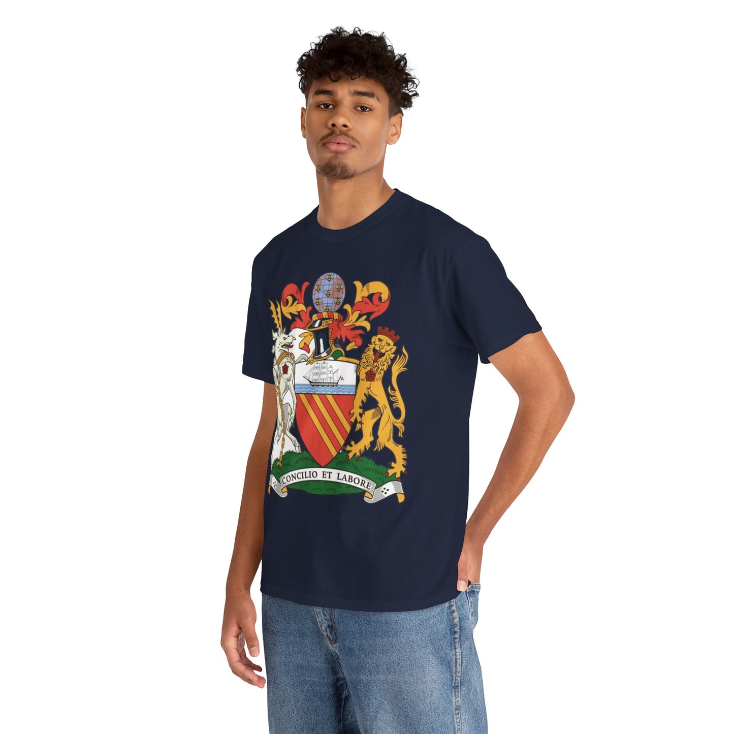 Manchester Coat of Arms Crest T‑Shirt — Heraldic Family Shield Tee with 'Concilio et Labore' Banner