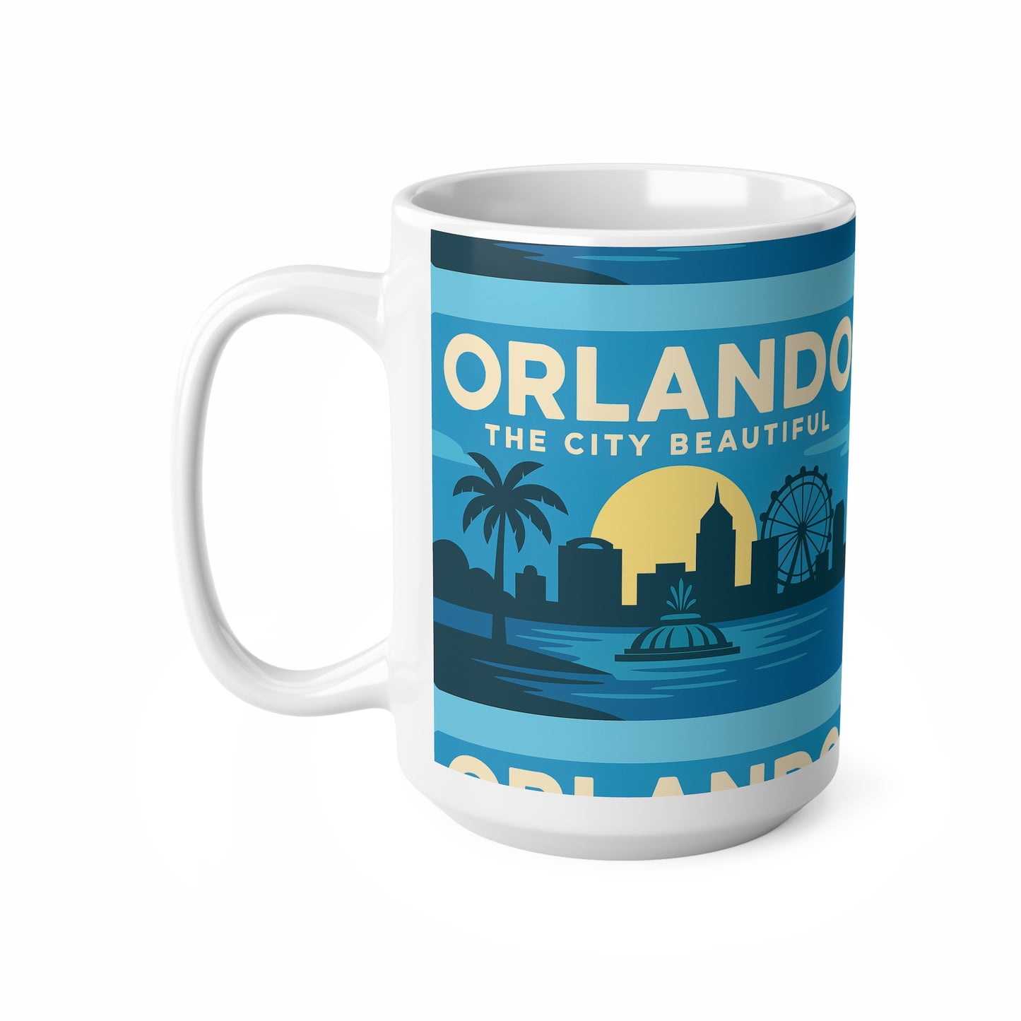 Orlando Retro Blue Skyline Mug — 'Orlando The City Beautiful' Ceramic Coffee Cup (11oz & 15oz)