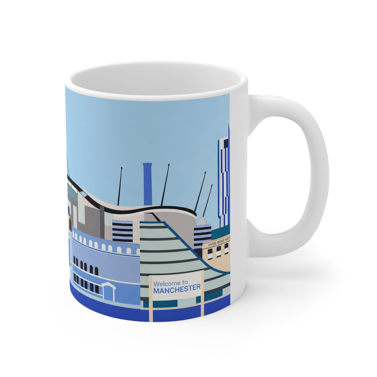 Welcome to Manchester City Skyline Mug — Blue Illustrated Landmark Coffee Cup (11oz & 15oz)