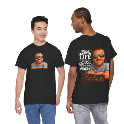 T-Shirt — "Mama Always Said Life Is Like A Box Of Chocolates" Graphic Tee (Funny Retro Portrait)