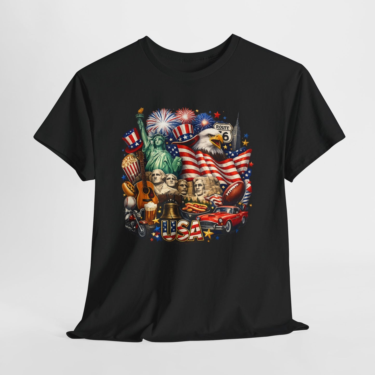 Patriotic USA Graphic Tee – American Flag, Statue of Liberty & Fireworks T-Shirt