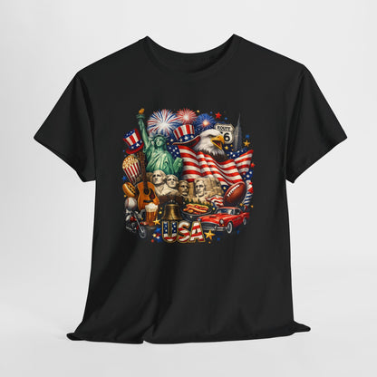 Patriotic USA Graphic Tee – American Flag, Statue of Liberty & Fireworks T-Shirt