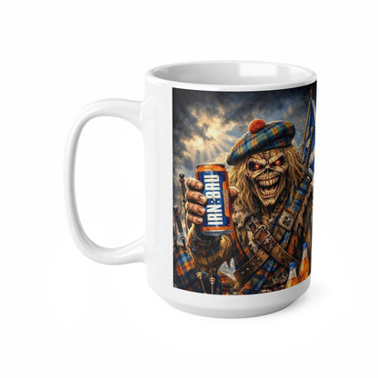 Scottish Heavy Metal Skull Mug — 'Iron-Bruh' Kilted Skeleton Coffee Cup (11oz & 15oz)