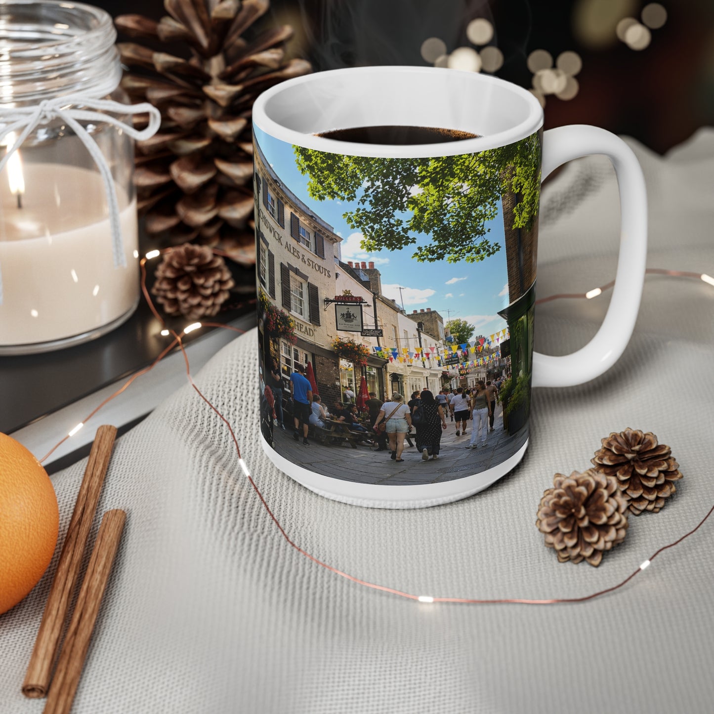 Richmond Ted Lasso Vintage English Pub Street Scene Mug – Café Outdoor Seating Photo Ceramic Coffee Cup (11oz & 15oz)