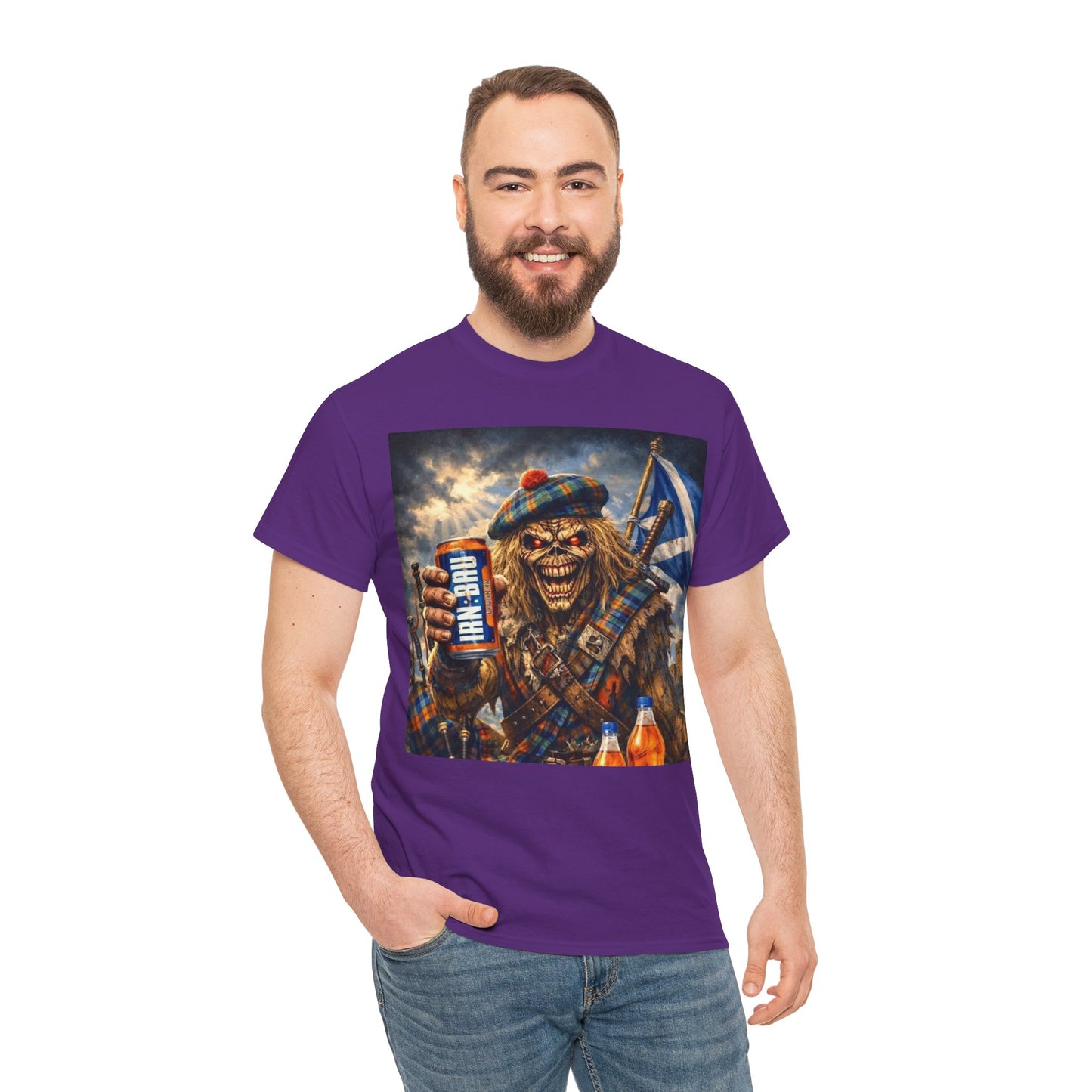 Scottish Rock Skull T‑Shirt — Eddie the Piper with Flag & Can Graphic Tee