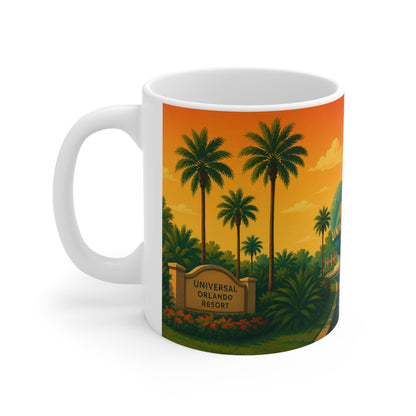 Universal Orlando Vintage AI Sunset Mug — Retro Palm Tree Travel Coffee Cup (11oz, 15oz)