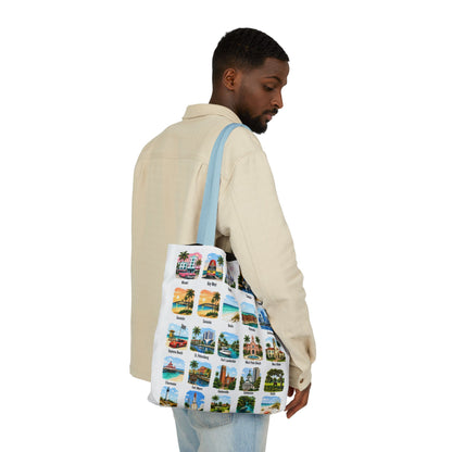 Florida City Landmark Collage Canvas Tote Bag — Vintage Travel Icons Print