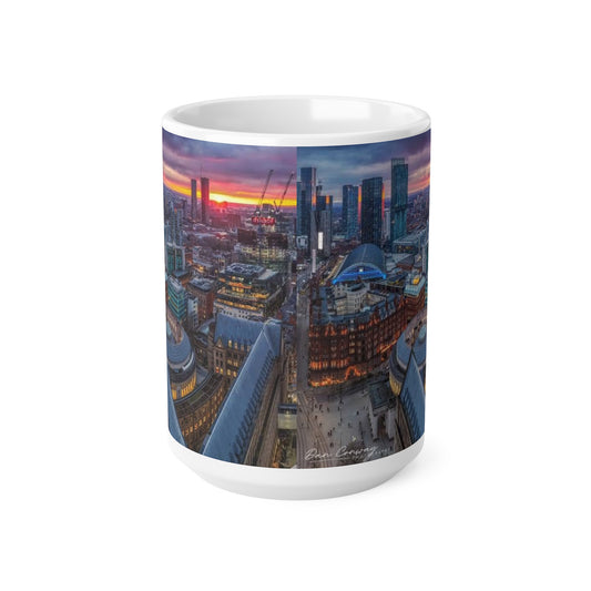 Manchester Cityscape Ceramic Mug — Aerial Skyline Sunset Coffee Cup (11oz, 15oz)