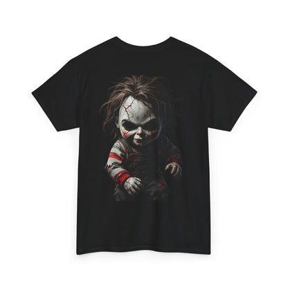 Halloween Horror T-Shirt – 'Happy Halloween' Pumpkin Front & Creepy Doll Back