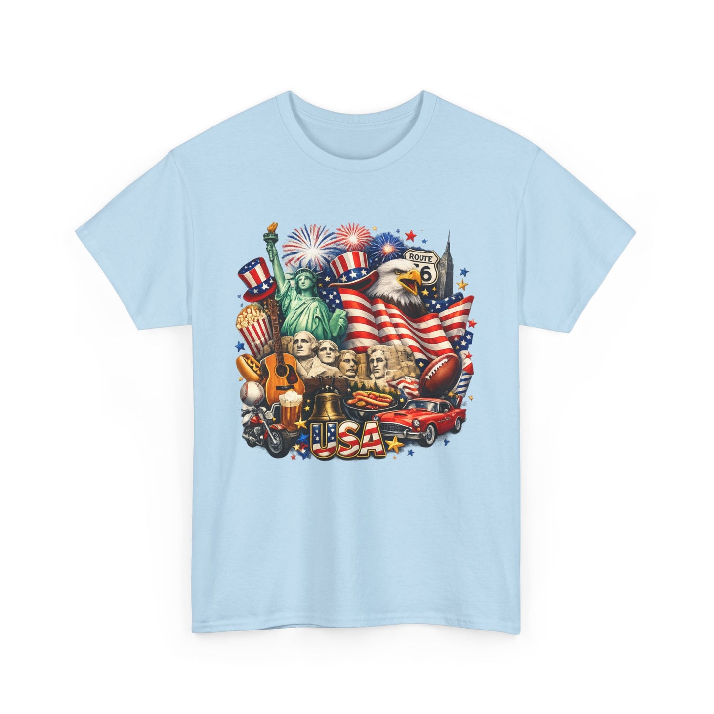 Patriotic USA Graphic Tee – American Flag, Statue of Liberty & Fireworks T-Shirt