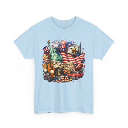 Patriotic USA Graphic Tee – American Flag, Statue of Liberty & Fireworks T-Shirt