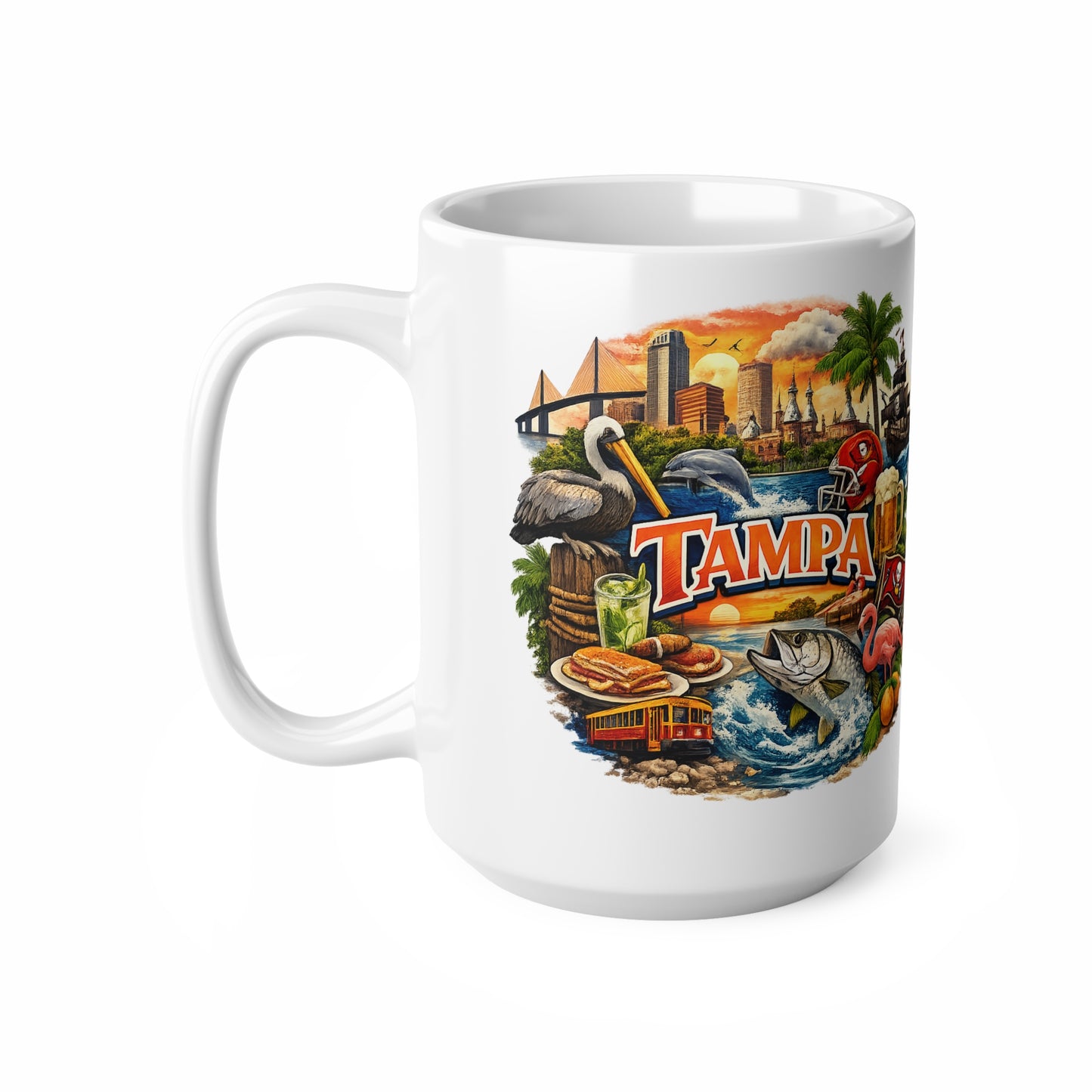 Tampa Cityscape Ceramic Coffee Mug — 11oz & 15oz Souvenir Mug with Skyline, Pelican & Tropical Icons