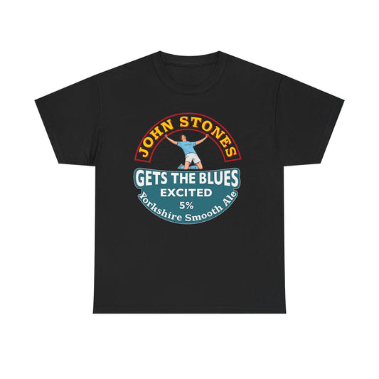 John Stones T-Shirt — "Gets The Blues Excited" Retro Ale Parody Tee