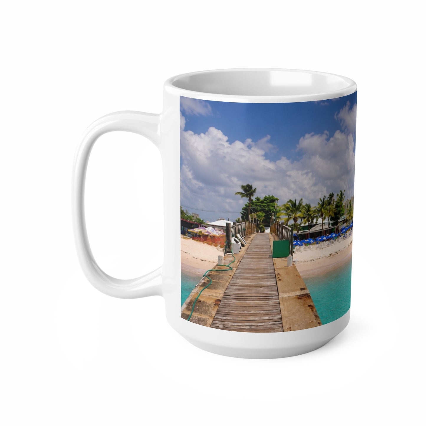 Barbados Tropical Beach Photo Mug — Scenic Dock Over Turquoise Water, 11oz & 15oz Ceramic Coffee Cup