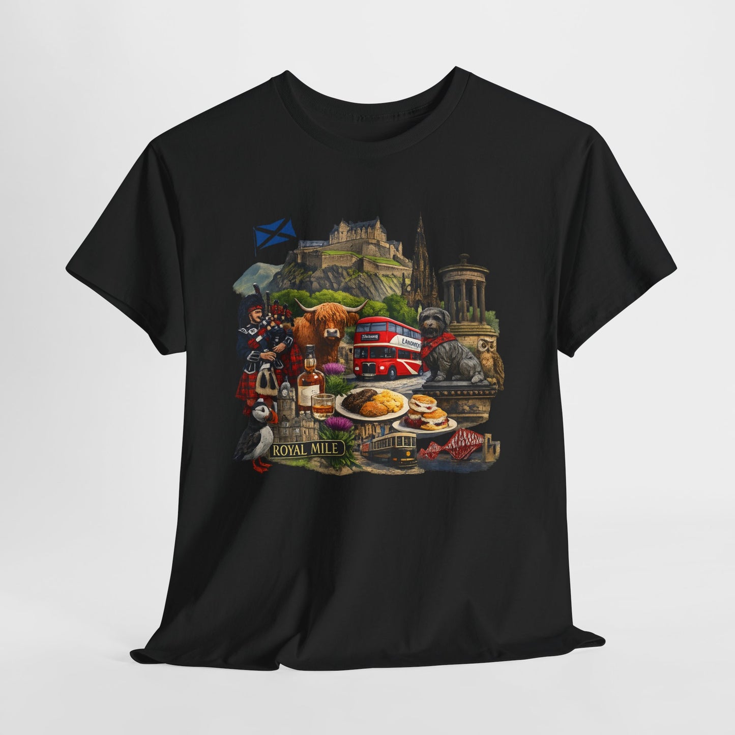 Scotland / Edinburgh Travel Collage T-Shirt — Edinburgh Castle, Bagpipes & Local Icons