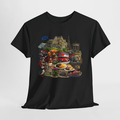 Scotland / Edinburgh Travel Collage T-Shirt — Edinburgh Castle, Bagpipes & Local Icons