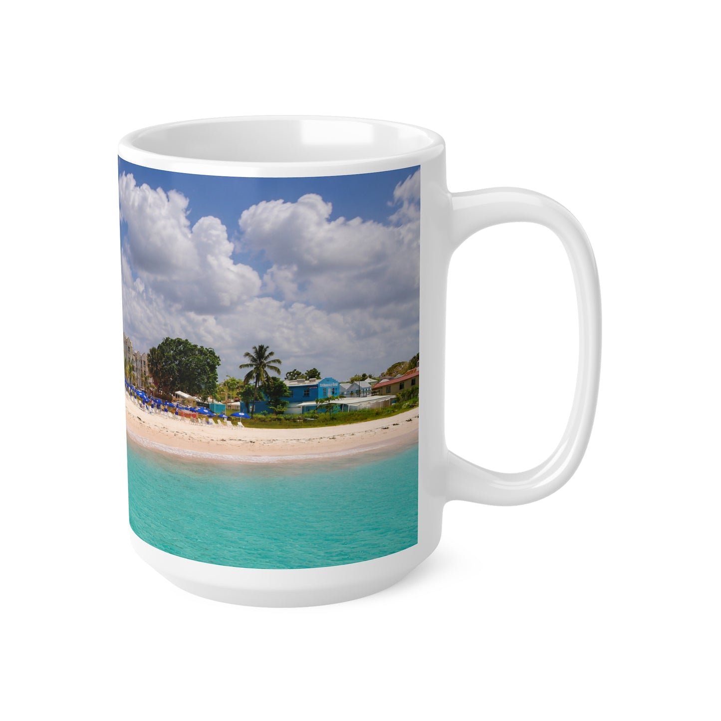 Barbados Tropical Beach Photo Mug — Scenic Dock Over Turquoise Water, 11oz & 15oz Ceramic Coffee Cup
