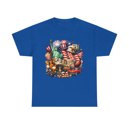 Patriotic USA Graphic Tee – American Flag, Statue of Liberty & Fireworks T-Shirt