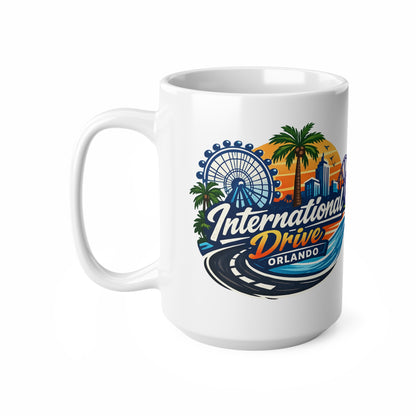 Orlando International Drive Souvenir Mug — 11oz/15oz Ceramic Coffee Cup with Ferris Wheel & Sunset Design