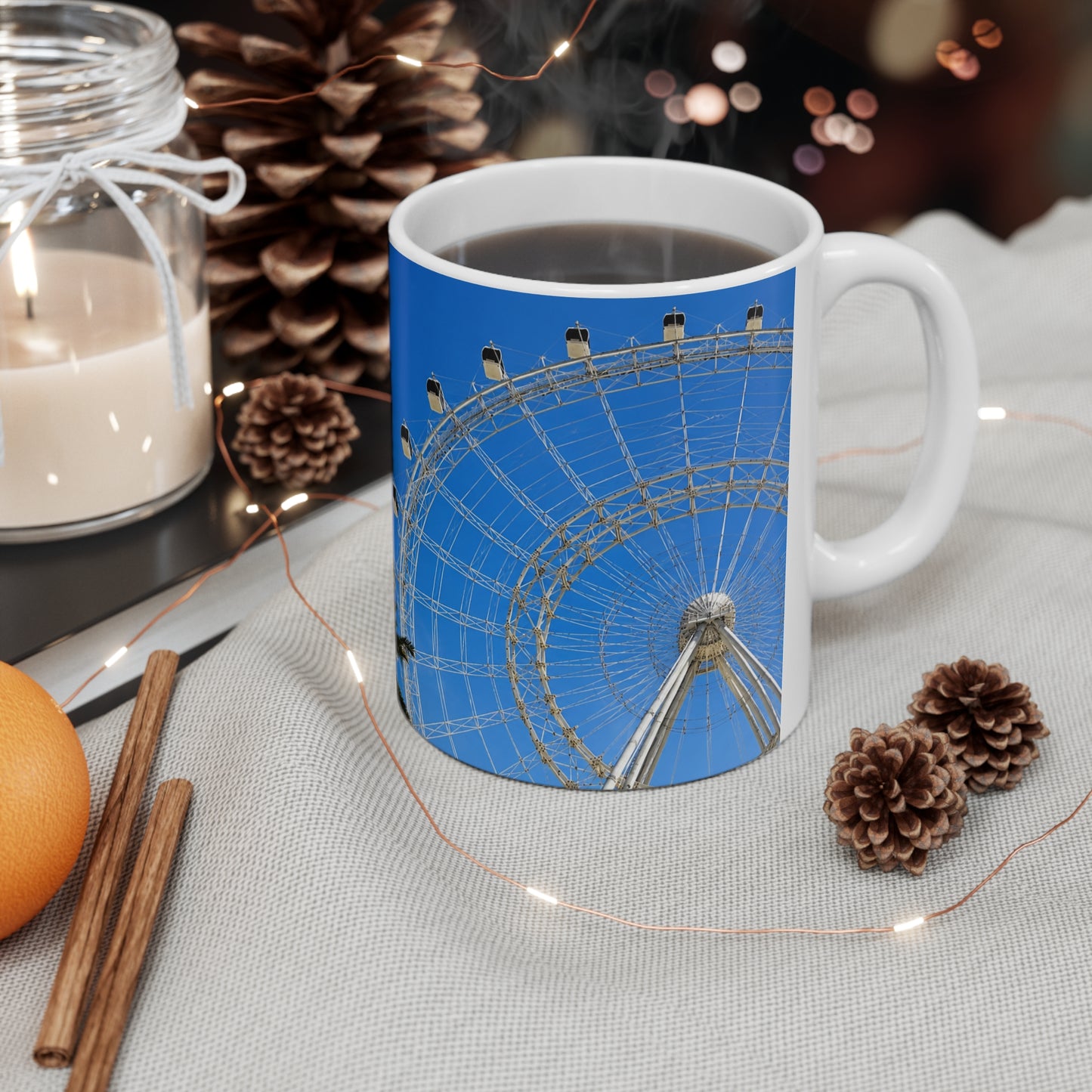 Orlando Icon Park Ferris Wheel & Palm Tree Ceramic Coffee Mug — Blue Sky Photo Mug (11oz, 15oz)