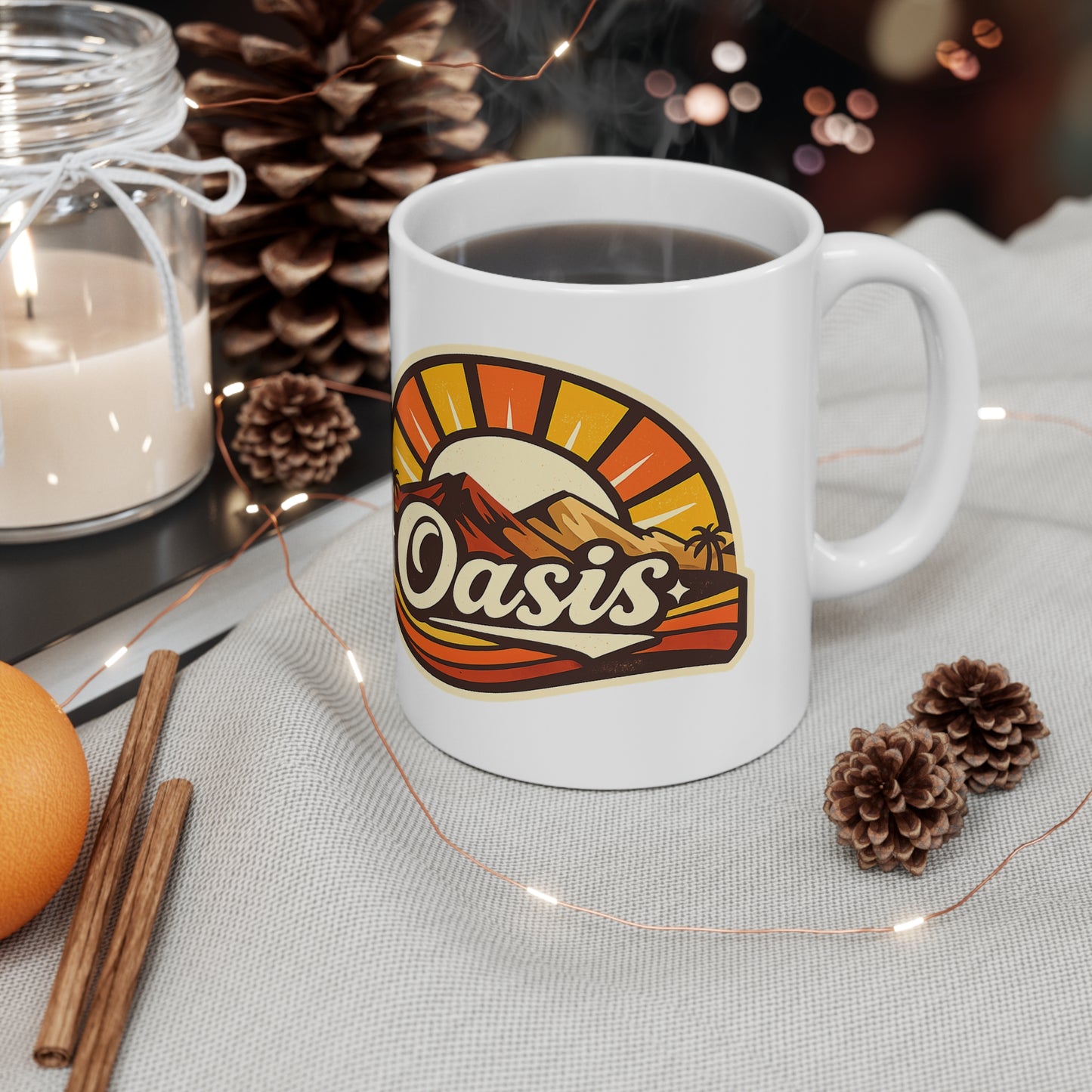 Oasis Mountain Sunrise Coffee Mug — Retro Palm Desert Ceramic Cup (11oz & 15oz)