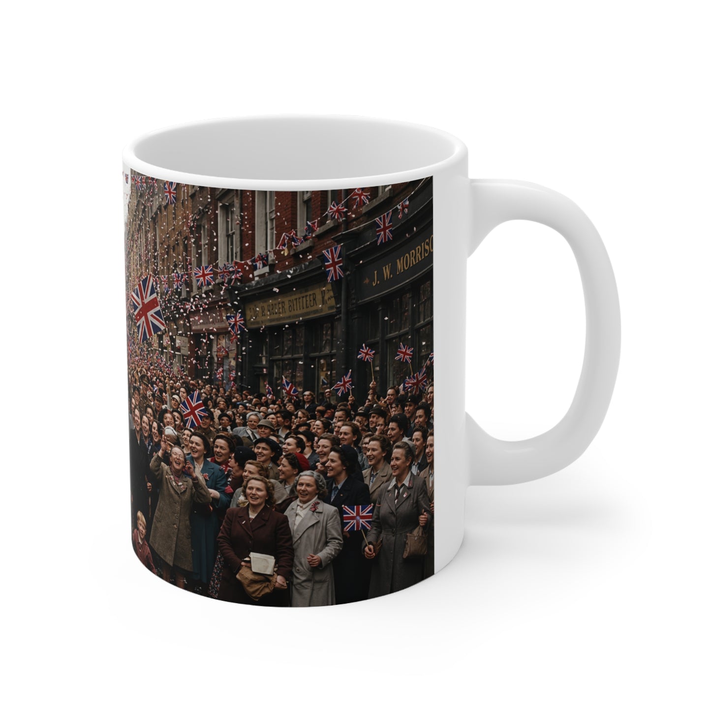 Union Jack Street Parade Mug — Vintage British Crowd Scene Ceramic Coffee Cup (11oz, 15oz)