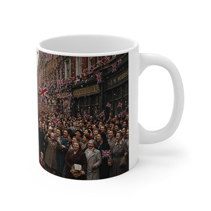 Union Jack Street Parade Mug — Vintage British Crowd Scene Ceramic Coffee Cup (11oz, 15oz)