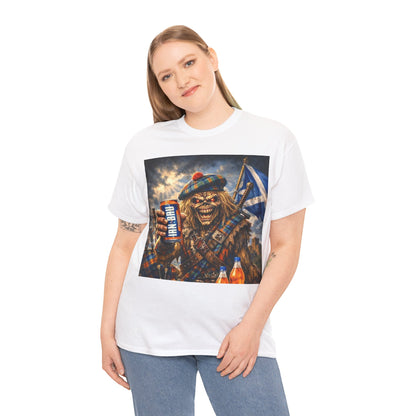 Scottish Rock Skull T‑Shirt — Eddie the Piper with Flag & Can Graphic Tee