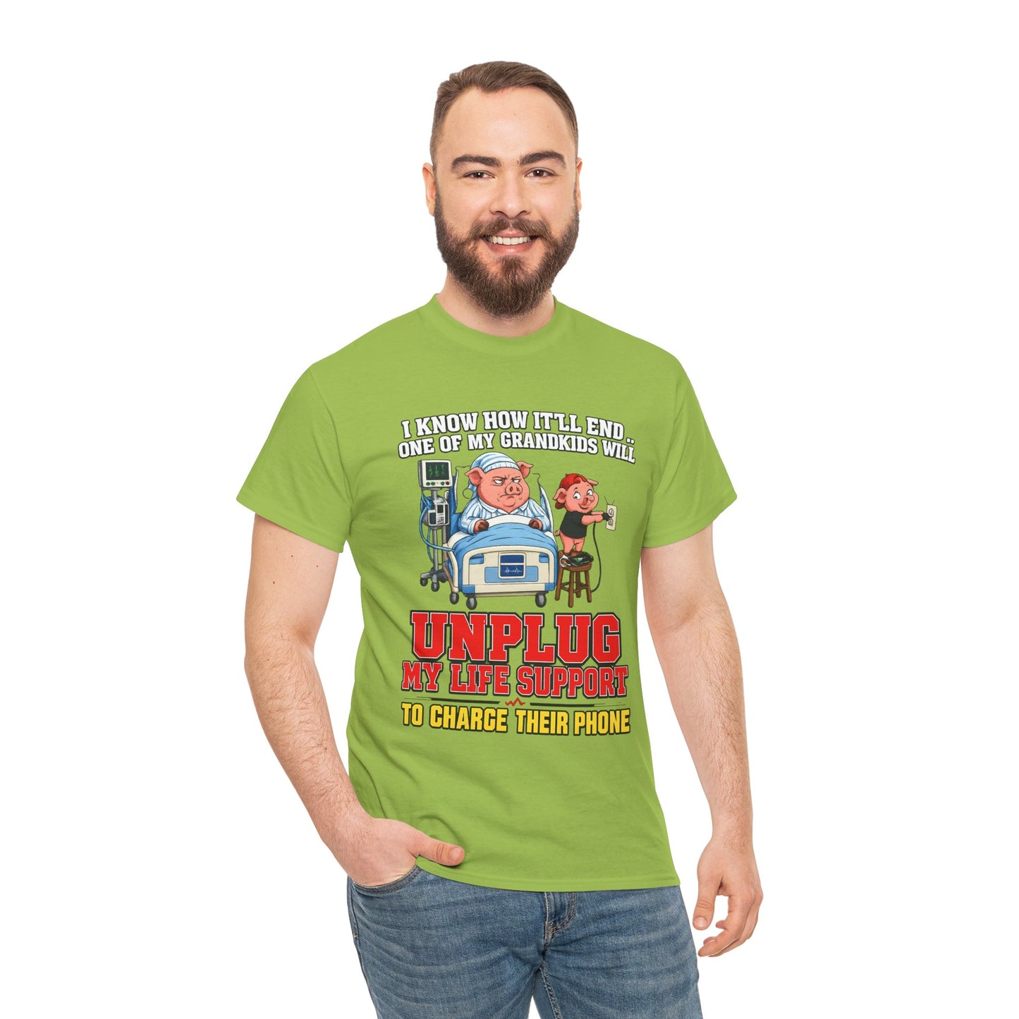 Funny Grandpa T-Shirt - "Unplug My Life Support to Charge Their Phone" Grandpa Humor Tee