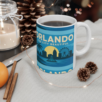 Orlando Retro Blue Skyline Mug — 'Orlando The City Beautiful' Ceramic Coffee Cup (11oz & 15oz)