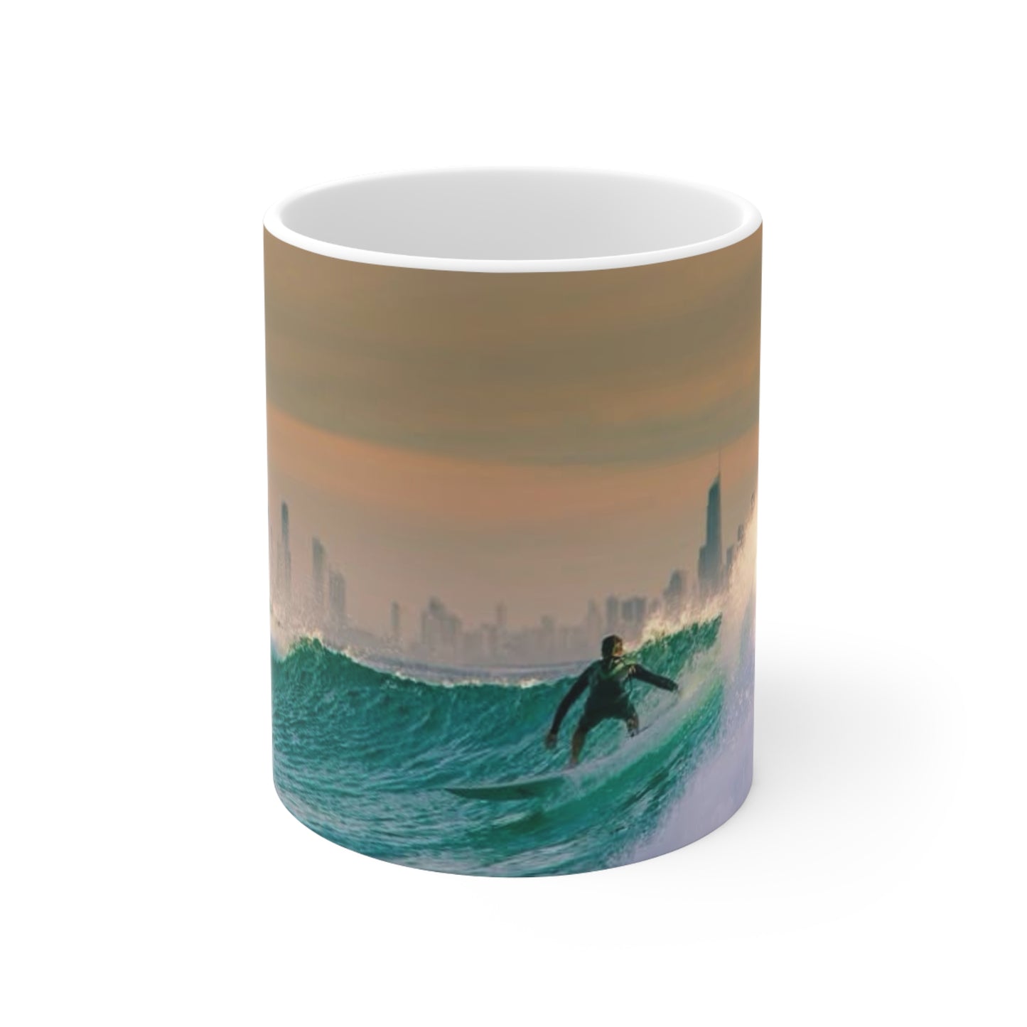 Surfer City Skyline Ceramic Coffee Mug – Ocean Wave Sunrise 11oz & 15oz