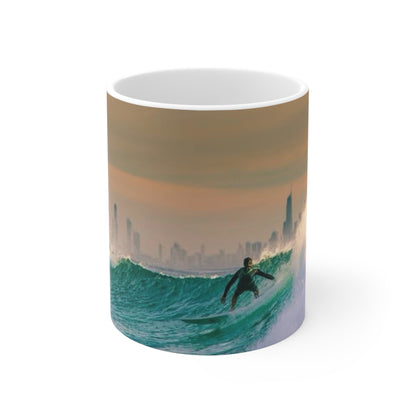 Surfer City Skyline Ceramic Coffee Mug – Ocean Wave Sunrise 11oz & 15oz