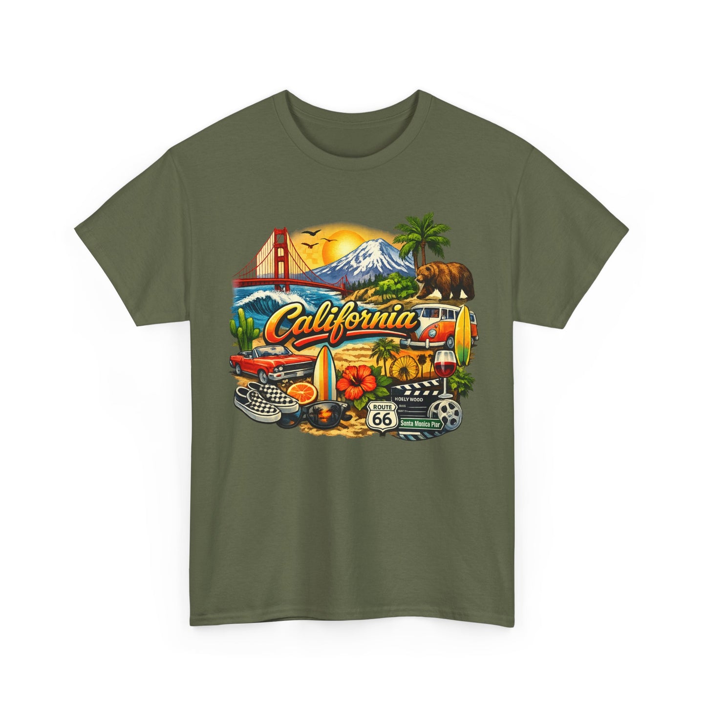 California Vintage Travel T-Shirt — Golden Gate, Palm Trees & Route 66 Tee