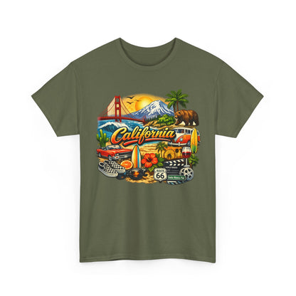 California Vintage Travel T-Shirt — Golden Gate, Palm Trees & Route 66 Tee