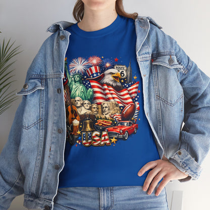 Patriotic USA Graphic Tee – American Flag, Statue of Liberty & Fireworks T-Shirt