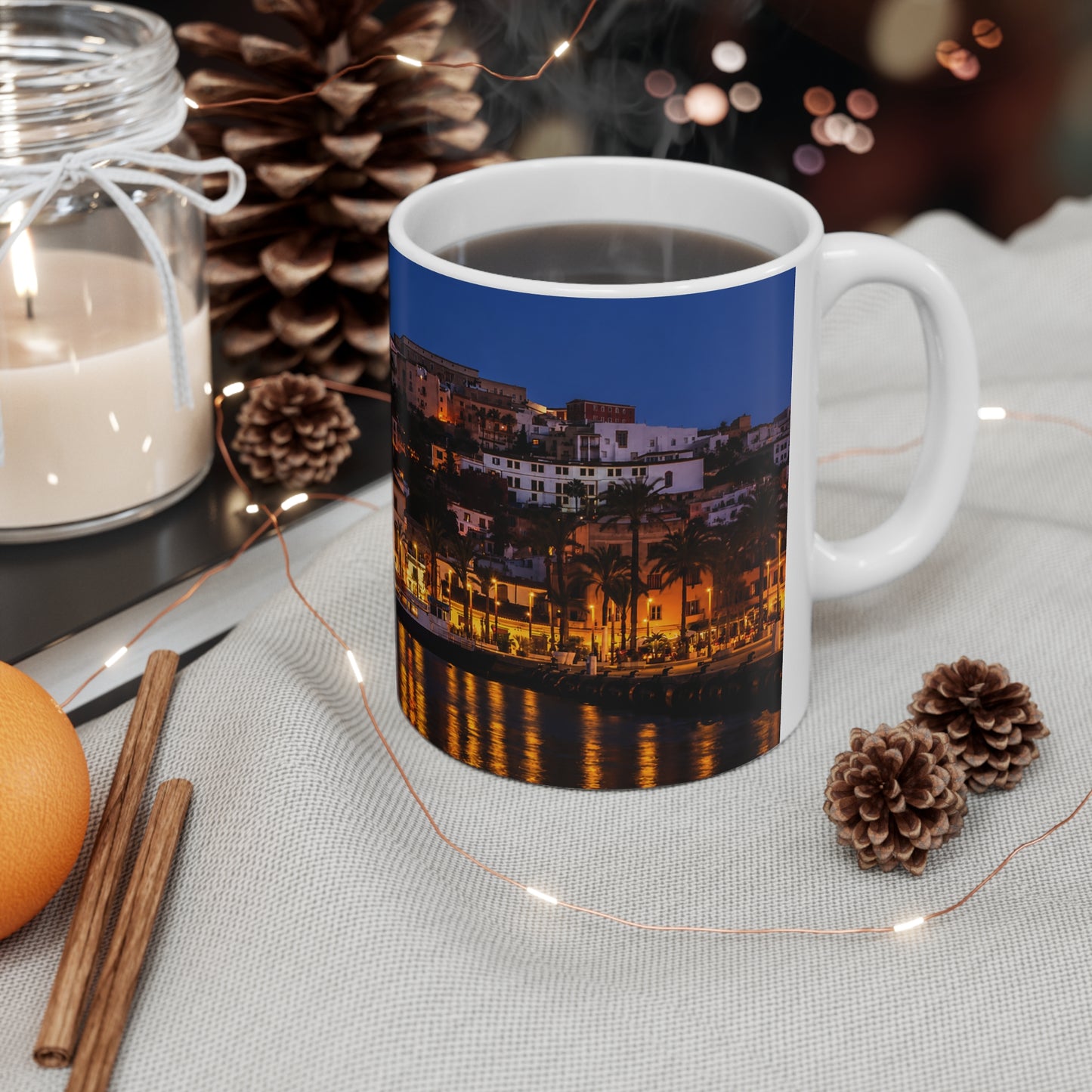 Night Harbor Cityscape Mug — Coastal Italy Evening Panorama Ceramic Coffee Cup (11oz, 15oz)