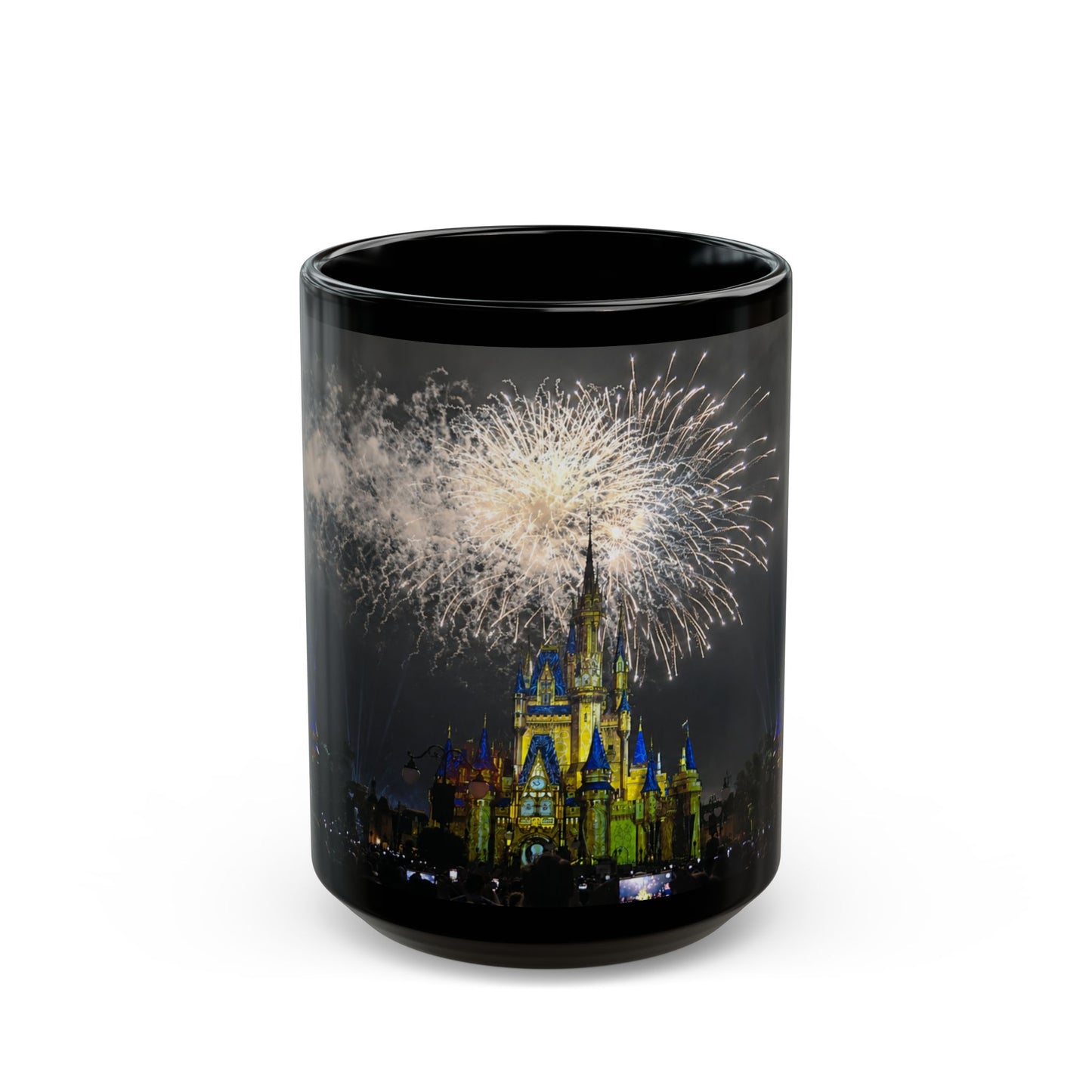 Fireworks MK Castle Black Mug — Nighttime Theme Park Coffee Cup (11oz/15oz)