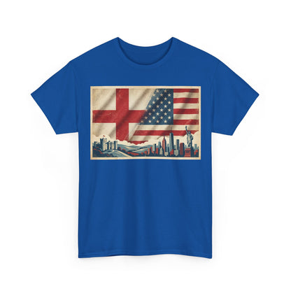 England + USA Flag Skyline T-Shirt — Vintage London & New York City Pride Tee